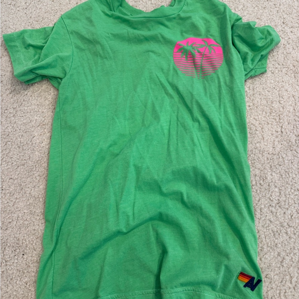 Aviator Nation Green Tee with Pink Palm Graphic